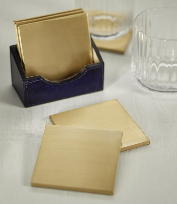 Savoy Blue Leather Set of 6 Brass Coasters with holder